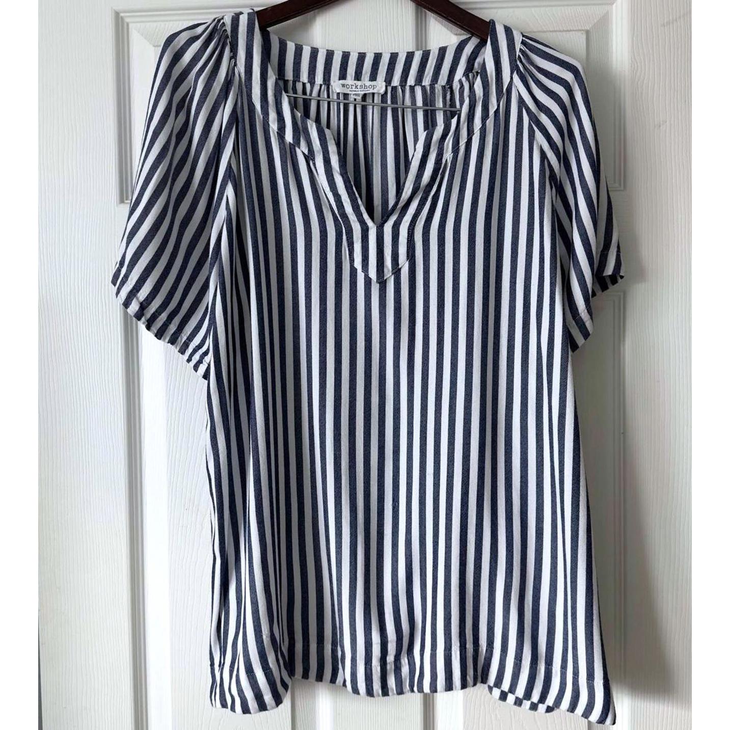 Workshop Republic Clothing Women Blouse Xl Blue White Stripe Rayon Short Sleeve